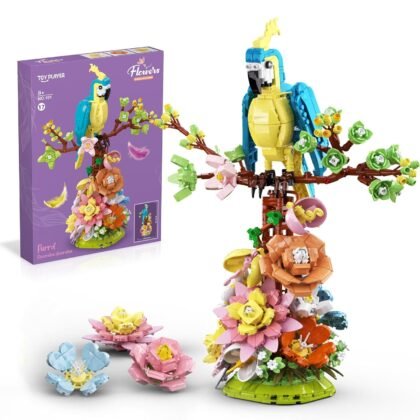 Colorful parrot building block set perched on a flowering branch with flower base