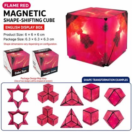Blue and pink galaxy print magnetic transforming puzzle cubes shown in multiple folded shapes