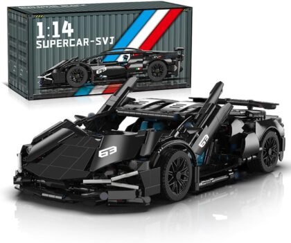 Close-up of purple and teal building block panels on iridescent camo supercar model