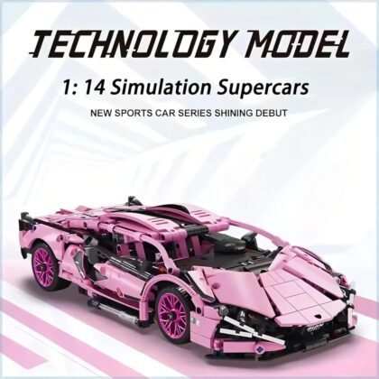 Pink 1:14 scale building block supercar, front three-quarter view