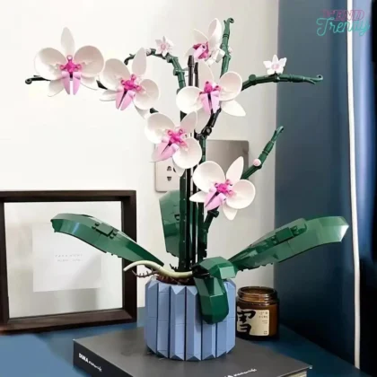 Assembled white phalaenopsis orchid building block arrangement in fluted vase