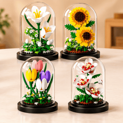 Four flower dome building block displays showing lily, sunflower, tulip, and plum blossom designs