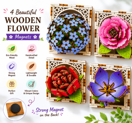 Four wooden 3D flower puzzle art pieces in laser-cut frames, forget-me-not peony rose and iris designs