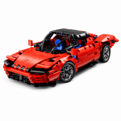 Red open-top roadster building block car with roll cage and working mechanical transmission