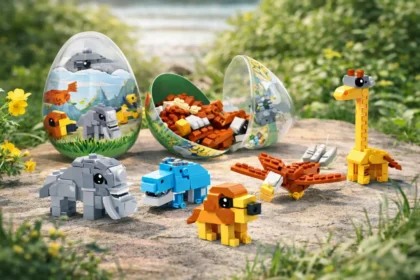 Display box of 12 surprise egg building block toys with wild animal figures inside